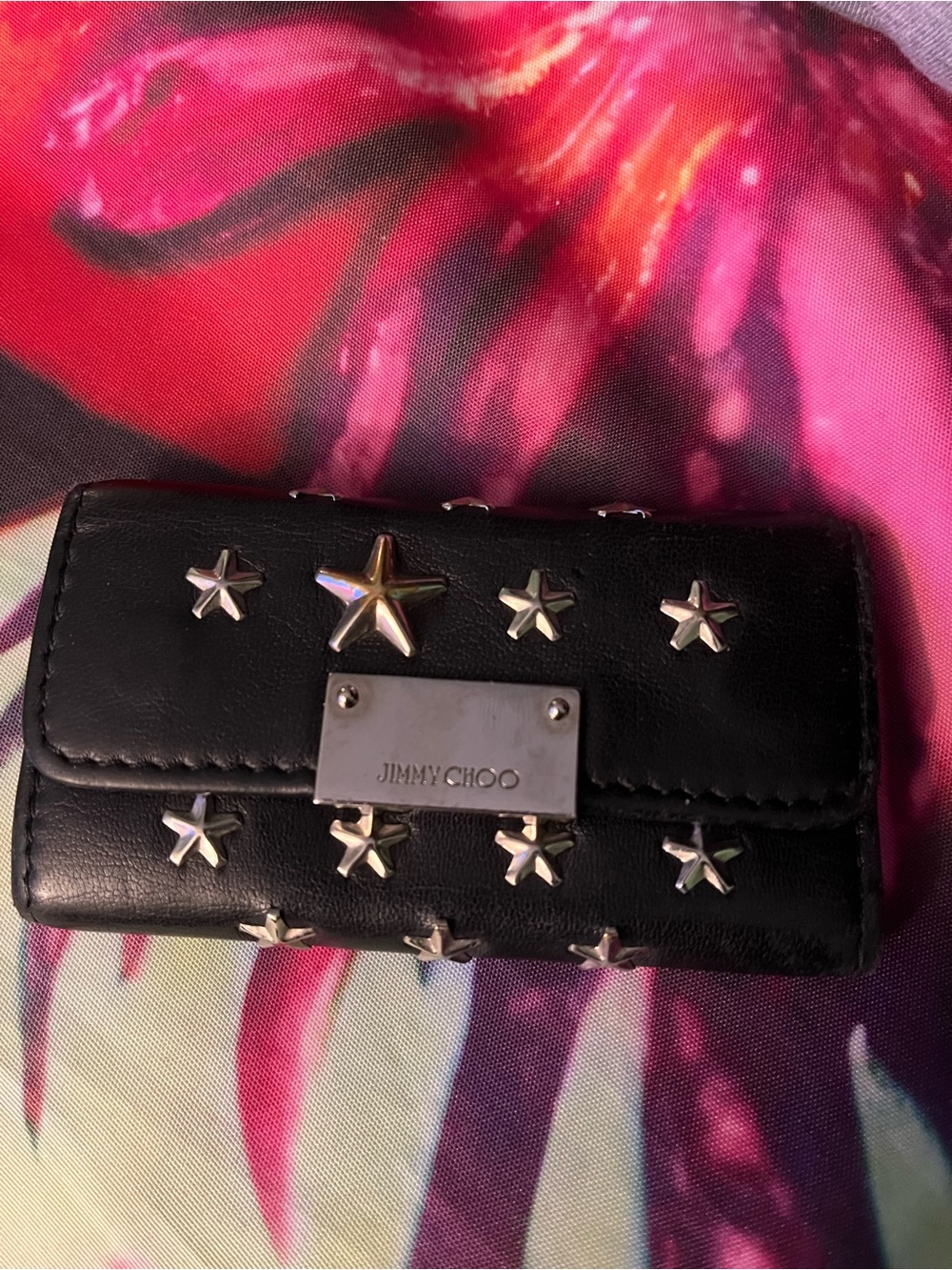 Jimmy Choo Black Leather Star-Studded Keyholder with Silver Hardware